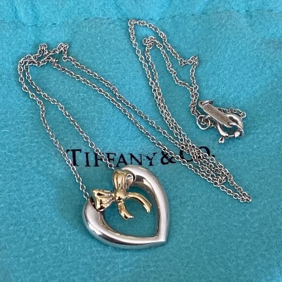 Tiffany & Co. 18K Gold & Sterling Silver Heart & Bow Ribbon Necklace - Picture 1 of 10